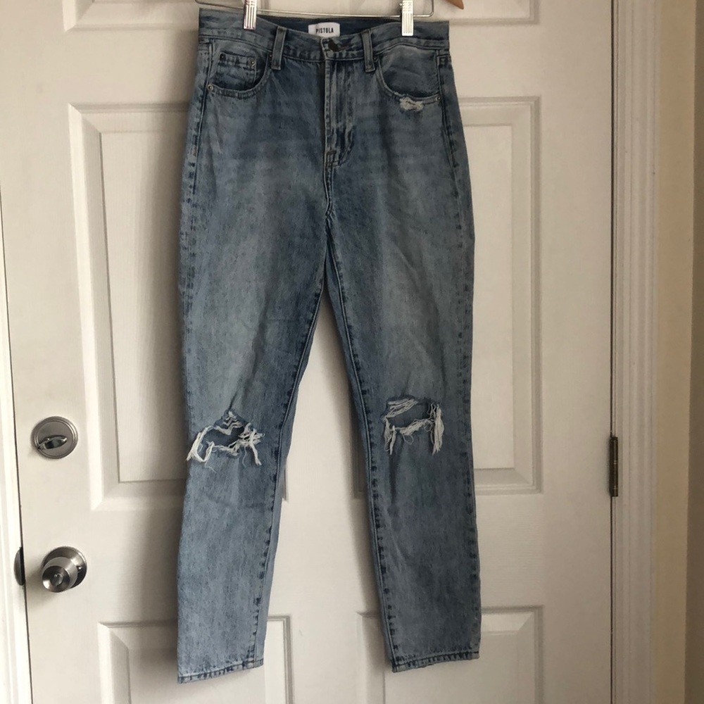 PISTOLA distressed cropped blue jeans busted knee size 27